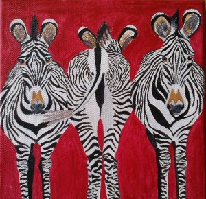 oil painting red background and three zebras on canvas