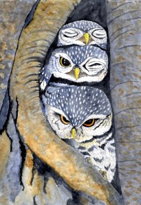 watercolor painting of three little owls sitting in a hollow tree